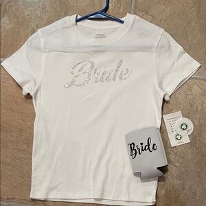 NEW White Bride T-Shirt with Glitter Text & Can Koozie